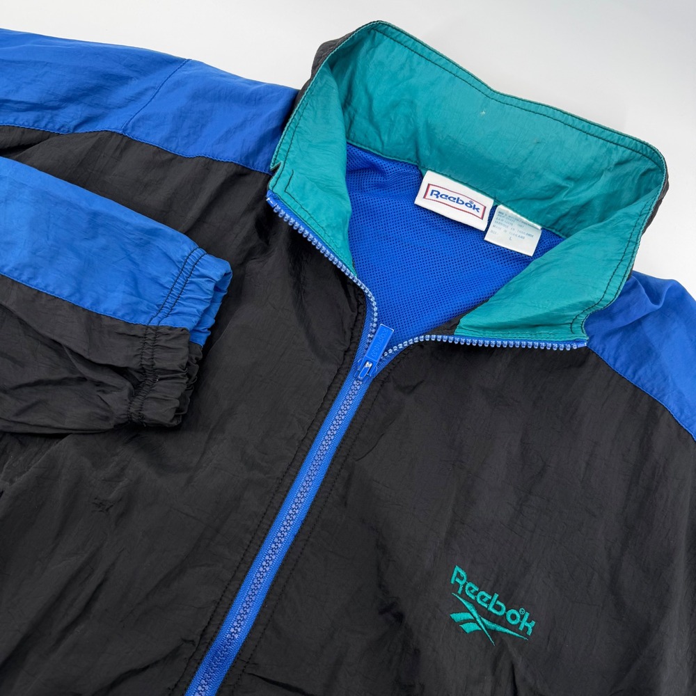 Reebok Windbreaker Jacket Mens Large Blue Black Vintage 90s Colorblock Full Zip